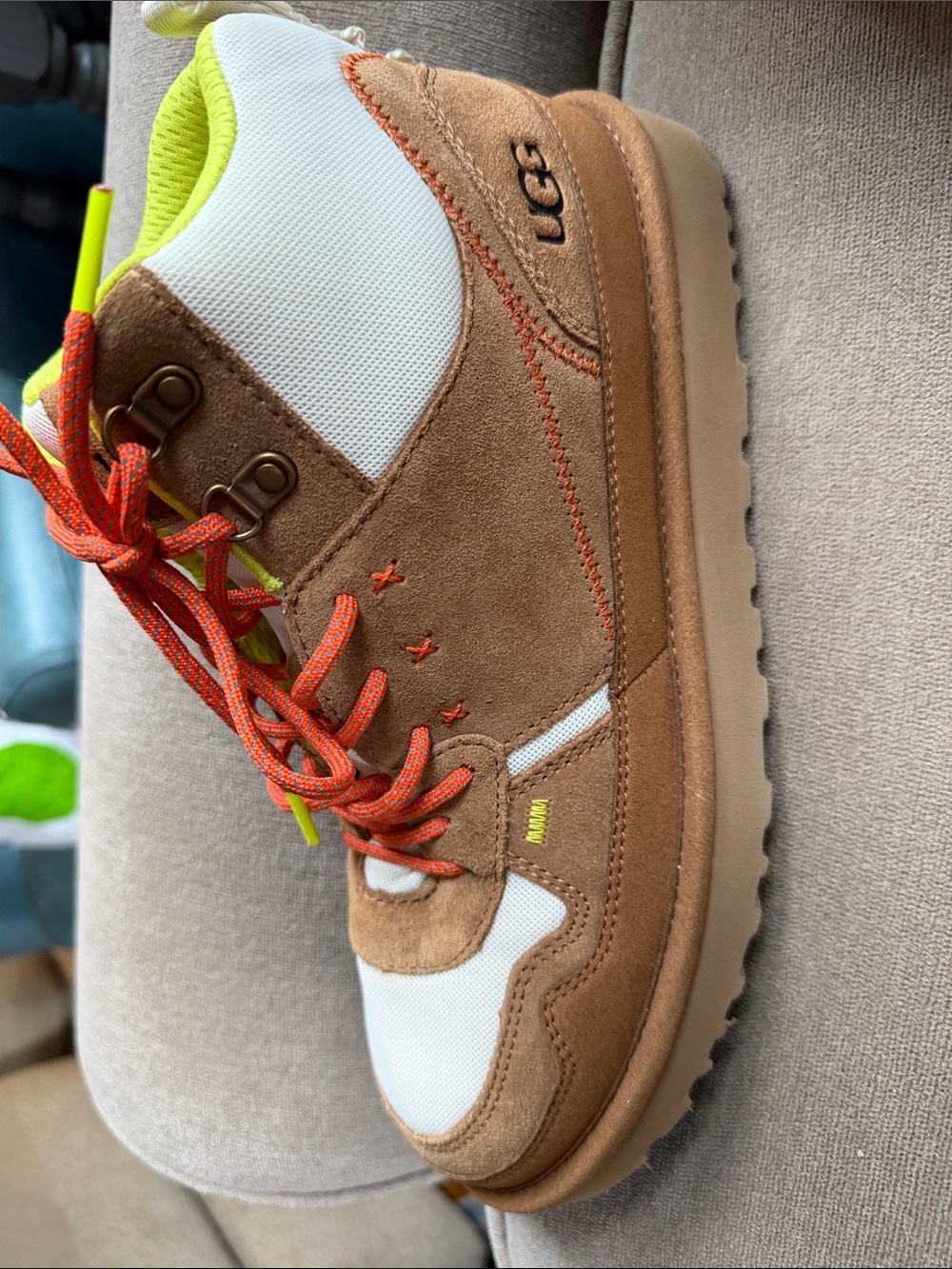 UGG Tan Suede and White Trail Sneaker with Orange Laces